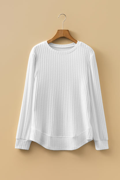 Solid Ribbed Knit Textured Round Neck Top