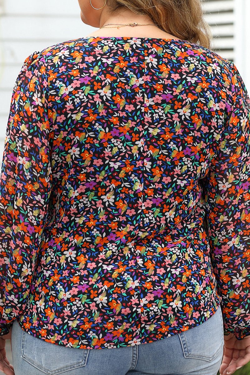 Plus Size Floral Bubble Sleeve Blouse