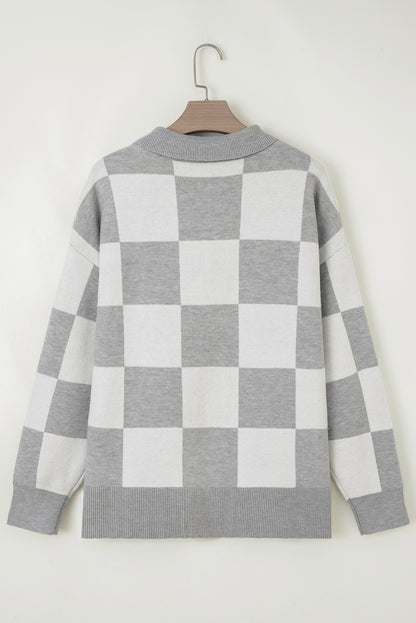 Plus Size Checker Buttoned Polo Collar Sweater