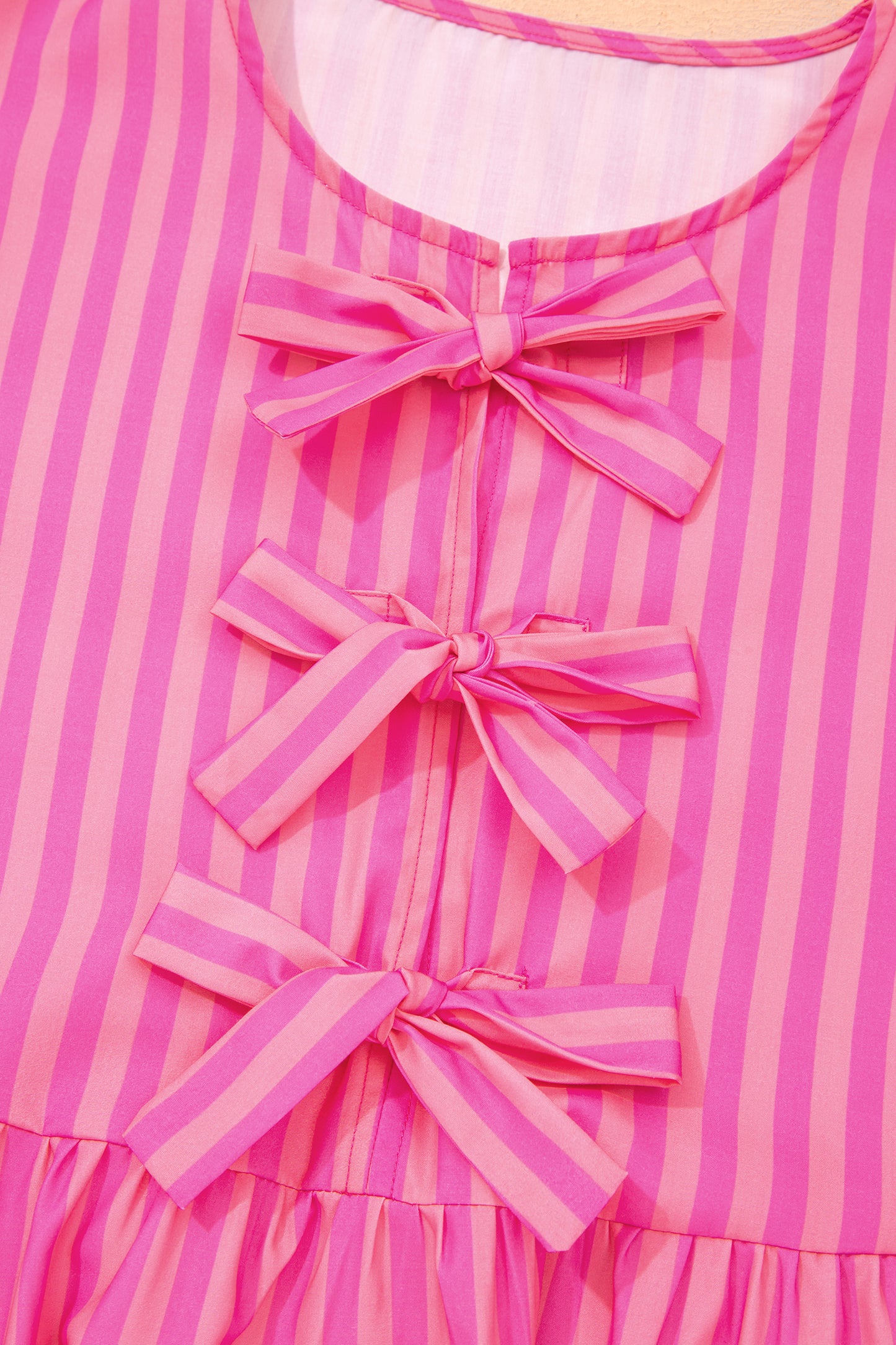 Stripe Bow Tie Front Short Puff Sleeve Dress