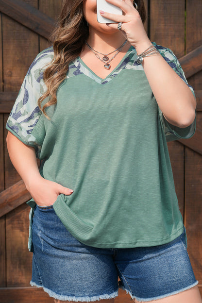 Plus Size Camo Patchwork Ribbed V-Neck Tee
