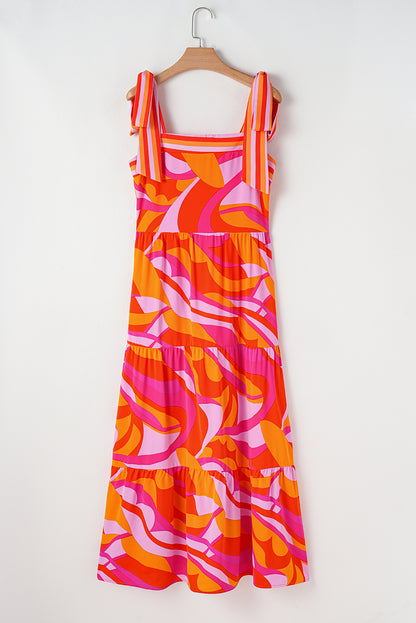 Abstract Knotted Shoulder High-Waist Maxi Dress