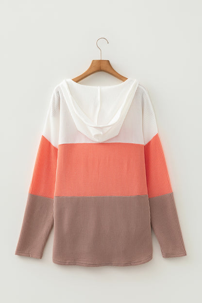 Colorblock Ribbed Hooded Pullover Long Sleeve Top