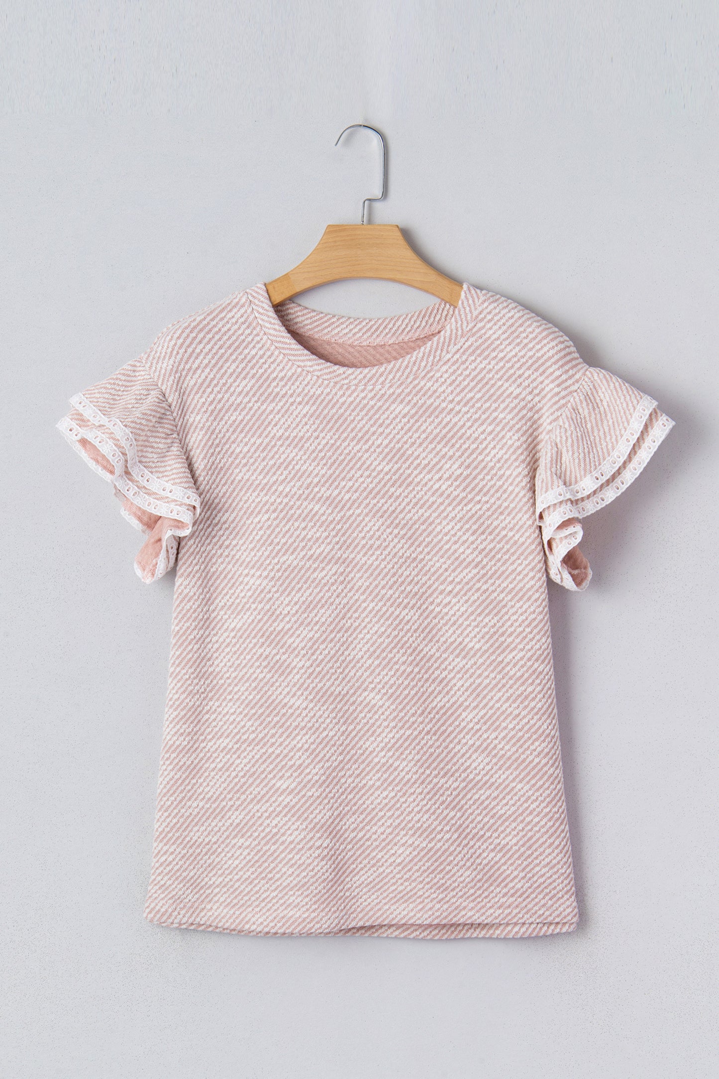 Stripe Lace Ruffle Short Sleeve Twill Blouse