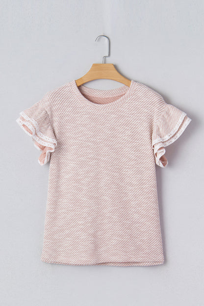 Stripe Lace Ruffle Short Sleeve Twill Blouse