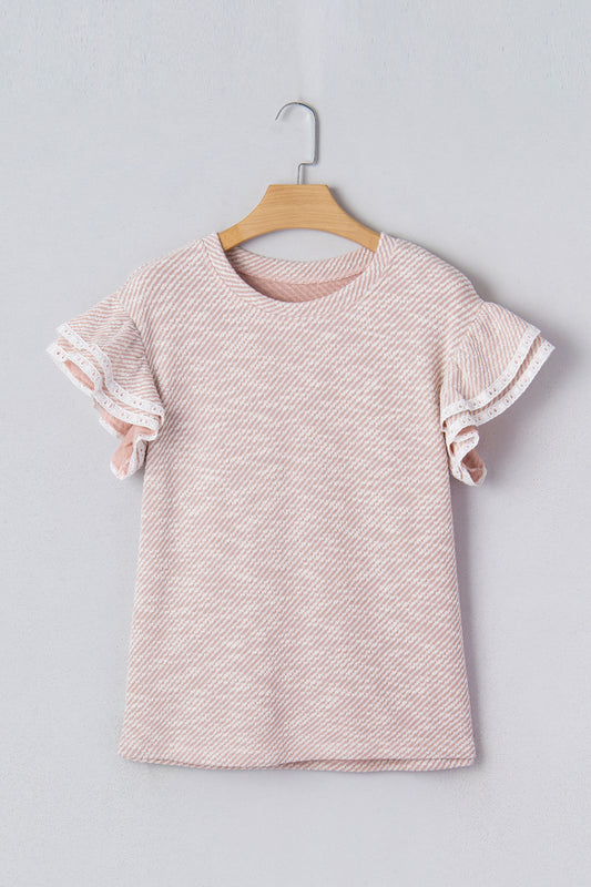 Stripe Lace Ruffle Short Sleeve Twill Blouse