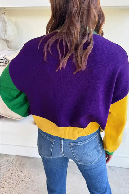 Mardi Gras Colorblock Fuzzy Patchwork Sweater
