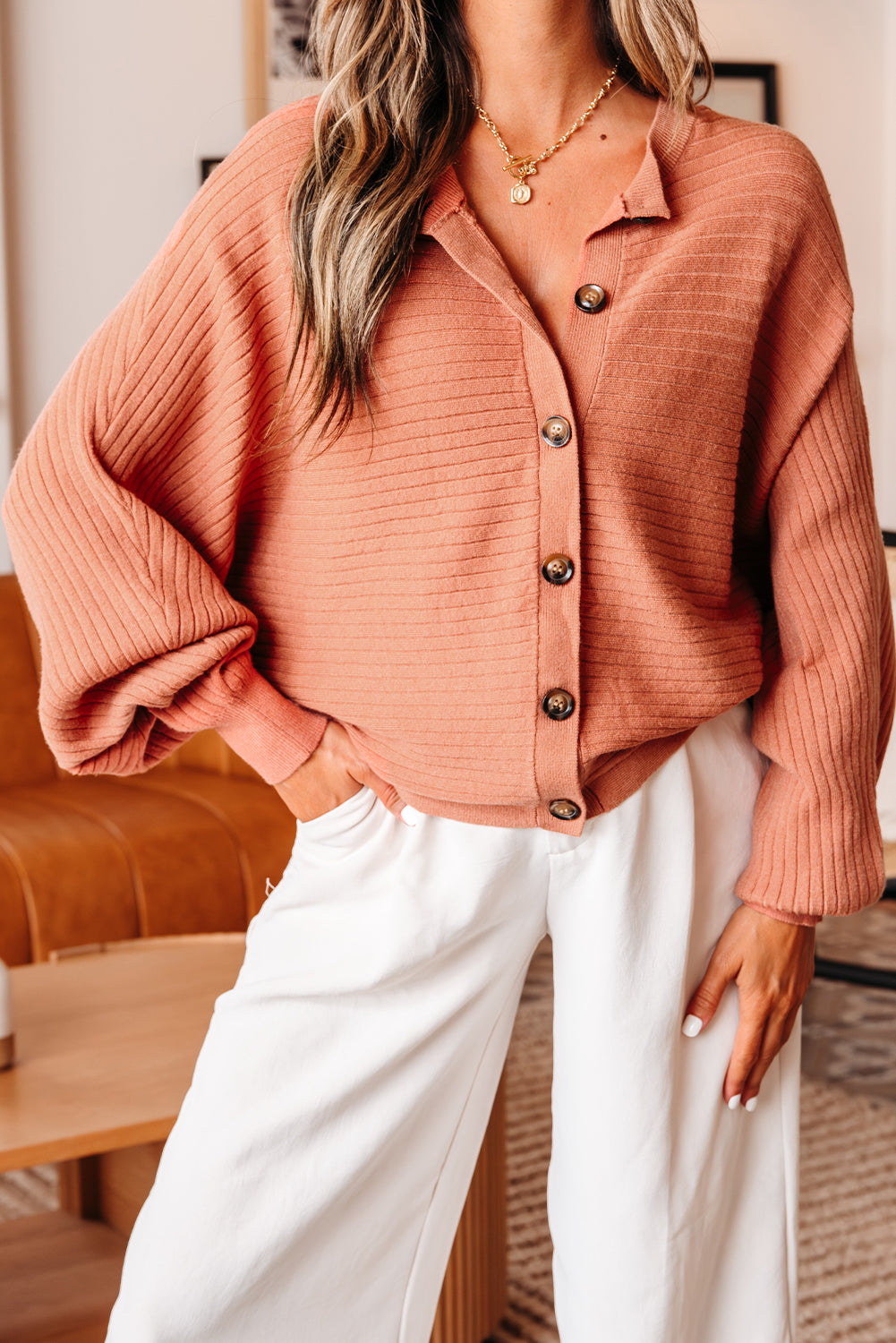 Ribbed Knit Button Front Dolman Sleeve Sweater Cardigan