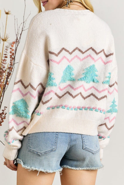 Christmas Tree Stripe Ribbed Trim Sweater