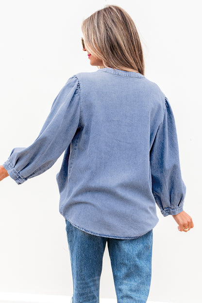 Solid Denim Pleated Bow Tie Puff Sleeve Top