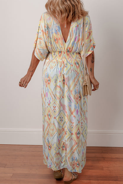 Geometric 3/4 Sleeve Shirred Maxi Dress