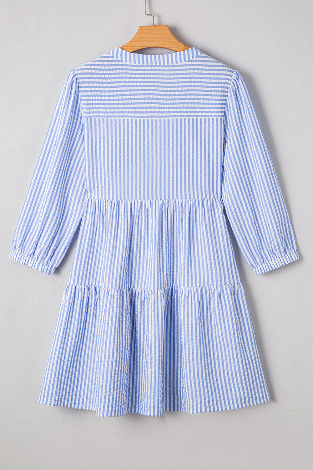 Stripe 3/4 Sleeve Pocketed Tiered Dress