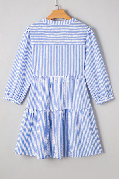 Stripe 3/4 Sleeve Pocketed Tiered Dress