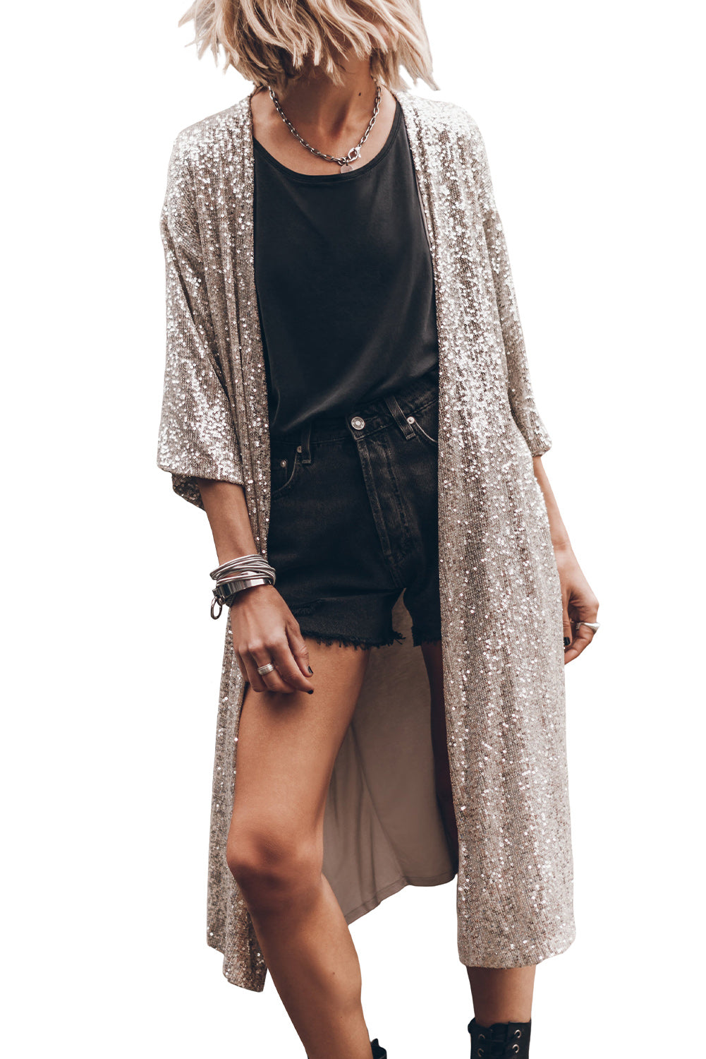 Sequin 3/4 Sleeve Duster Kimono