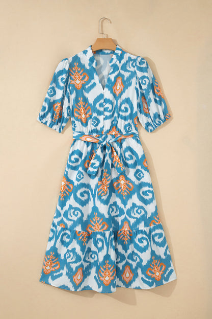 Floral Boho Puff Sleeve Ruffle Hem Midi Dress