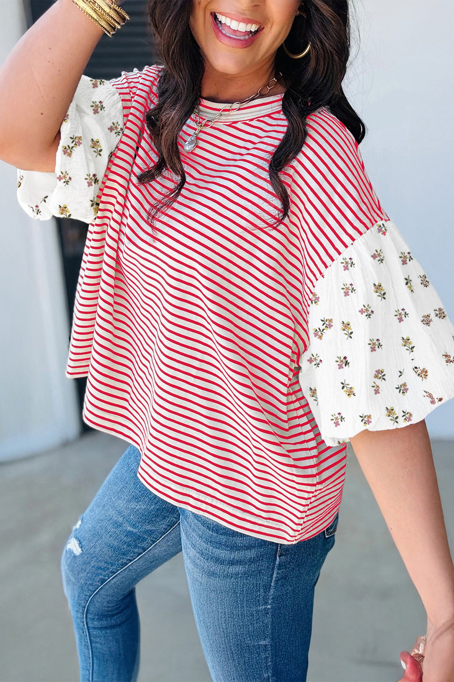 Floral Stripe Patchwork Puff Sleeve Round Neck Top