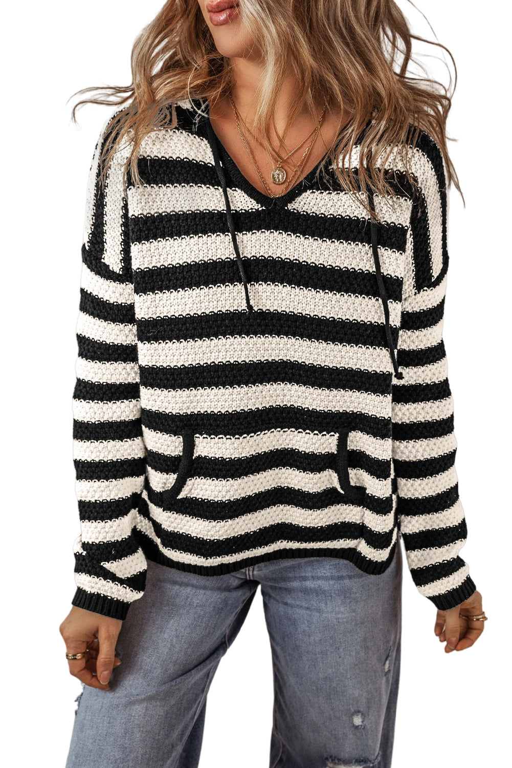 Stripe Drawstring Hooded V-Neck Sweater