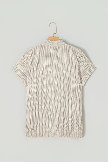 Solid Zip Up High Neck Short Sleeve Knit Top