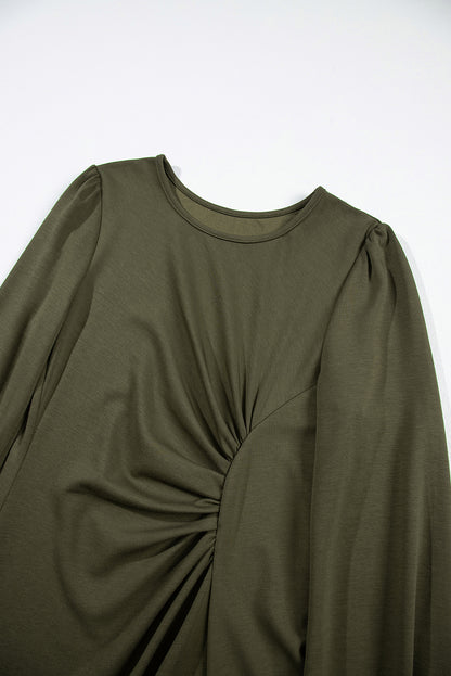 Solid Ruched Long Puff Sleeve Midi Dress