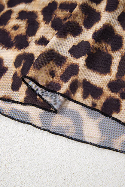 Leopard Mesh Mock Neck Long Sleeve Top