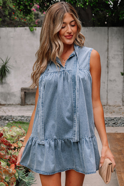 Chambray Bow Neck Sleeveless Ruffle Dress