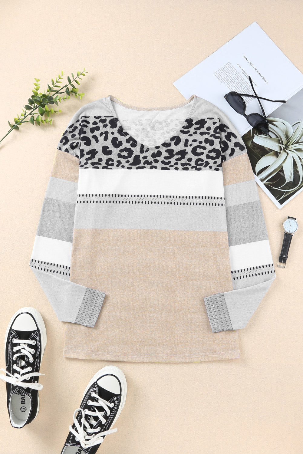 Leopard Colorblock V-Neck Top