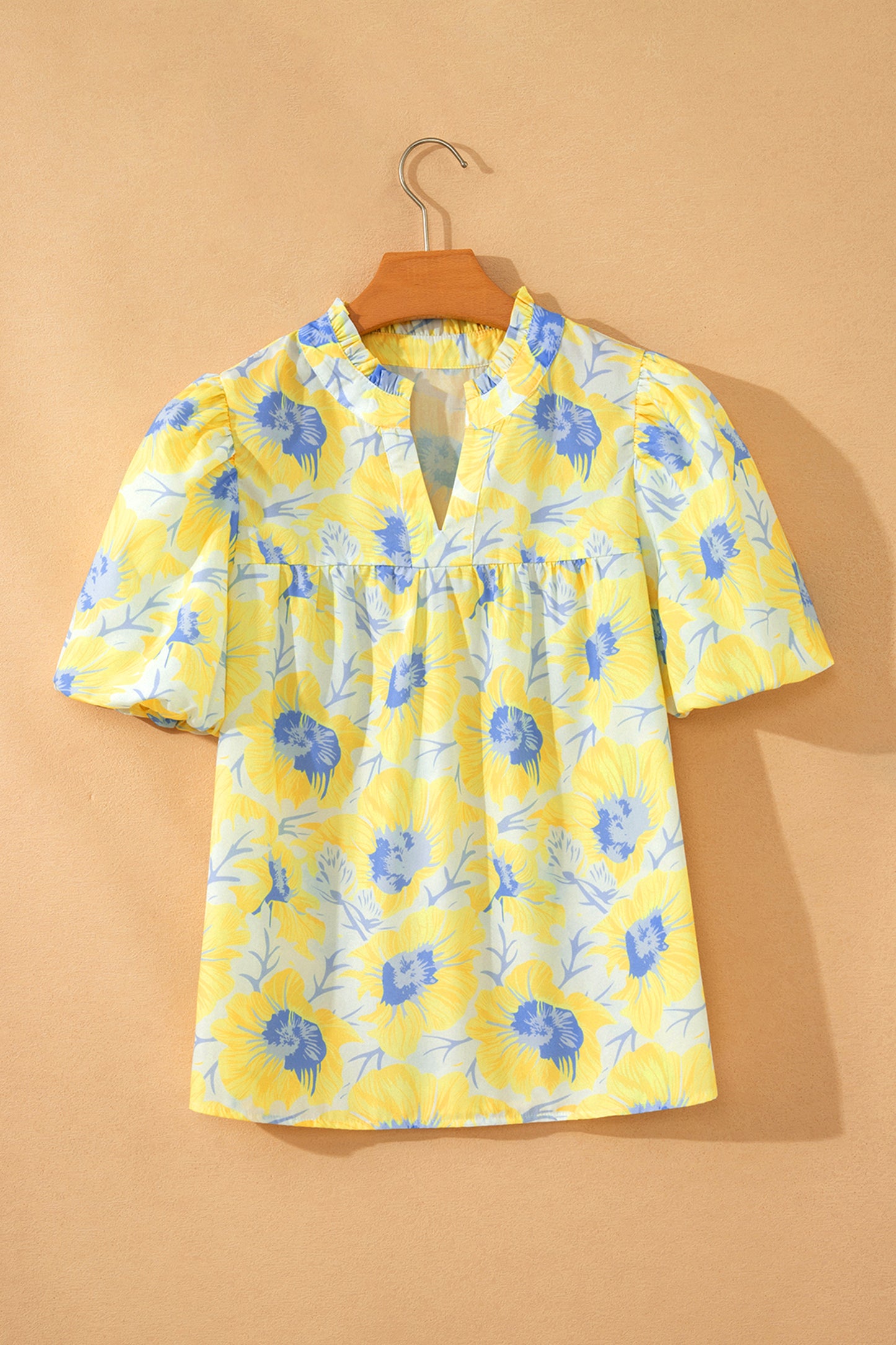 Floral Short Bubble Sleeve V-Neck Blouse