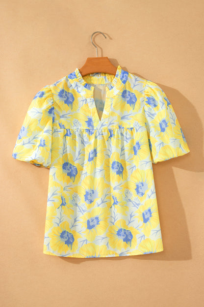 Floral Short Bubble Sleeve V-Neck Blouse