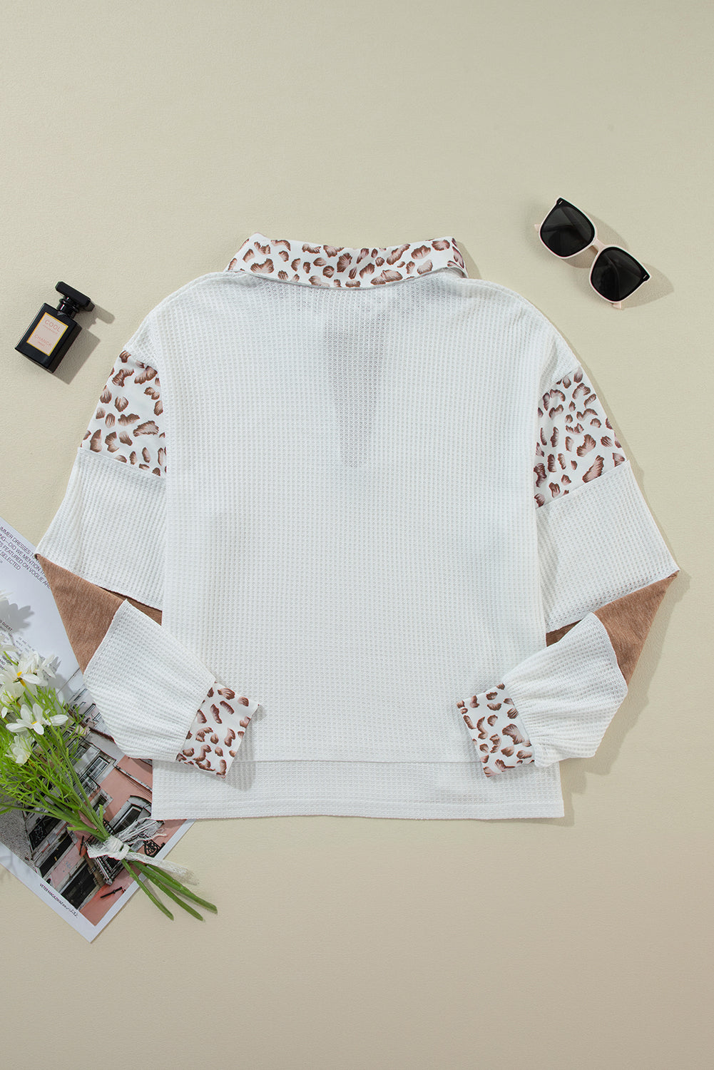 Leopard Waffle Patchwork Collared Top