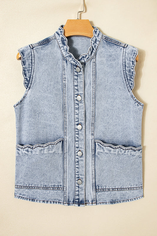 Denim Button-Front Scallop Trim Patch Pocket Vest