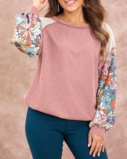 Floral Lace Patchwork Ribbed Blouse