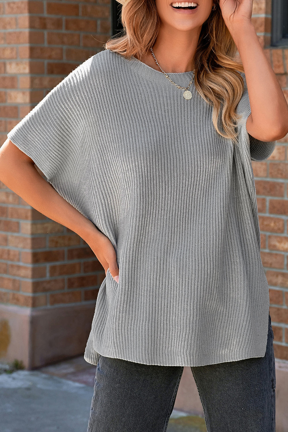 Short Sleeve Side Slit Sweater