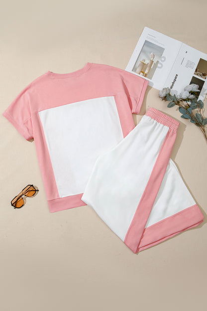 Colorblock Patchwork Tee & Drawstring Pant Set