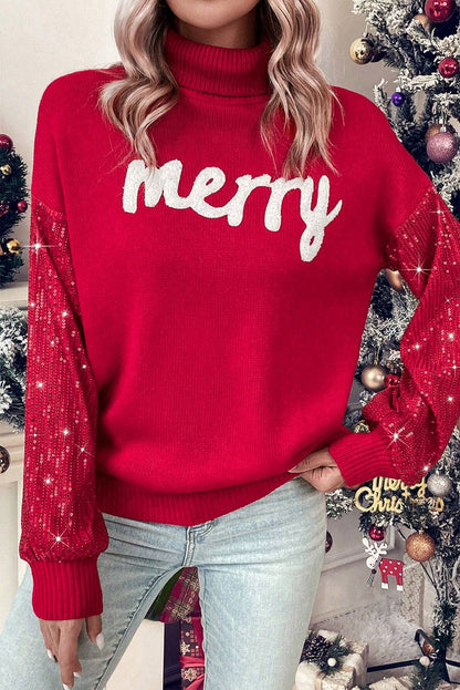 Merry Sequin Sleeve Turtleneck Sweater