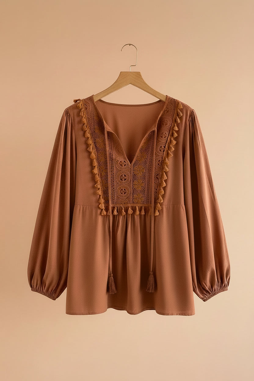 Plus Size Boho Embroidered Tassel Tie Long Sleeve Blouse