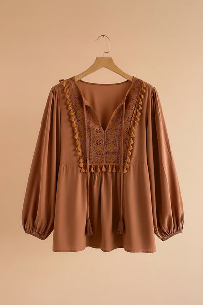 Plus Size Boho Embroidered Tassel Tie Long Sleeve Blouse