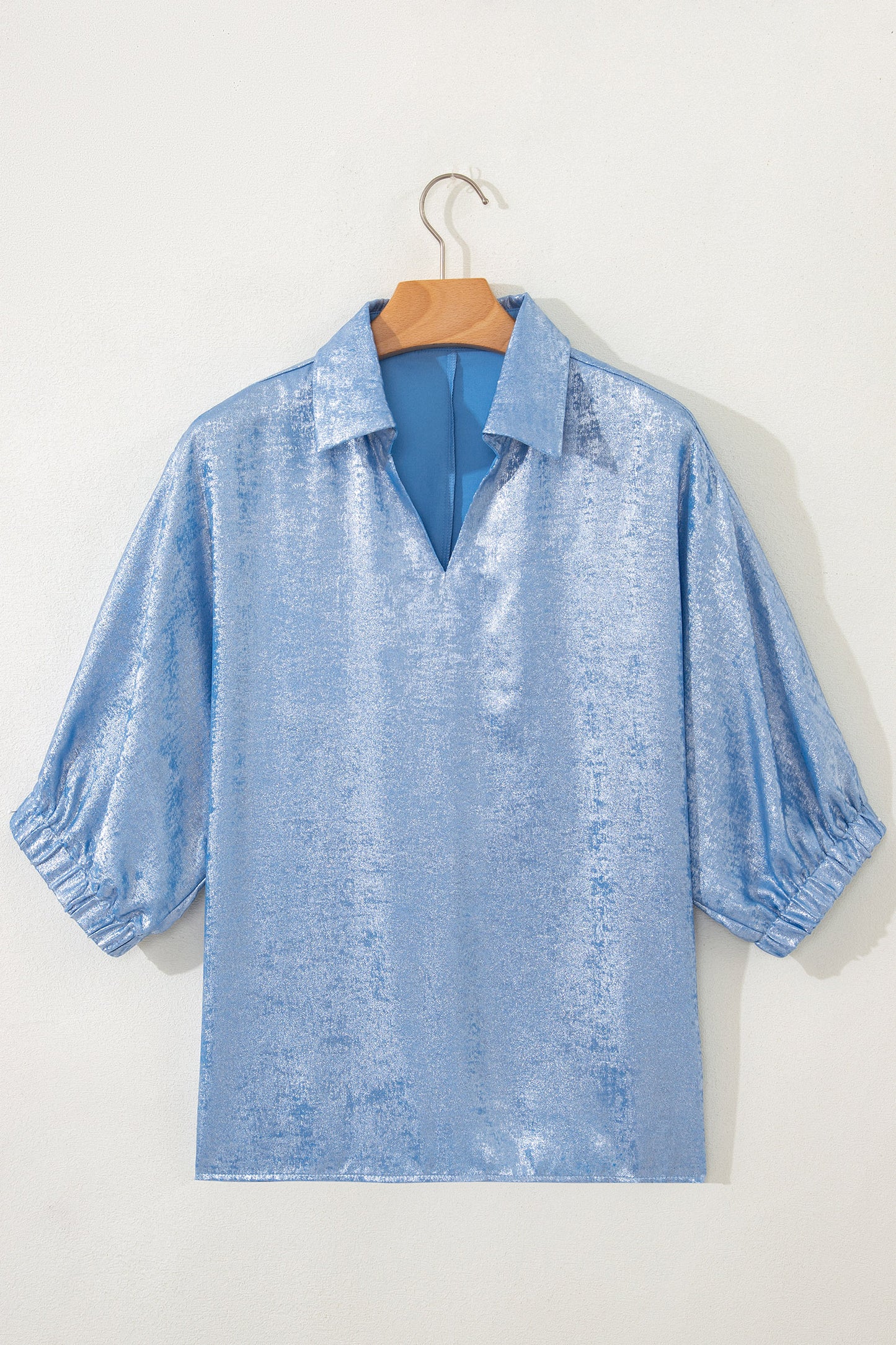 Metallic Collared V-Neck 3/4 Sleeve Top