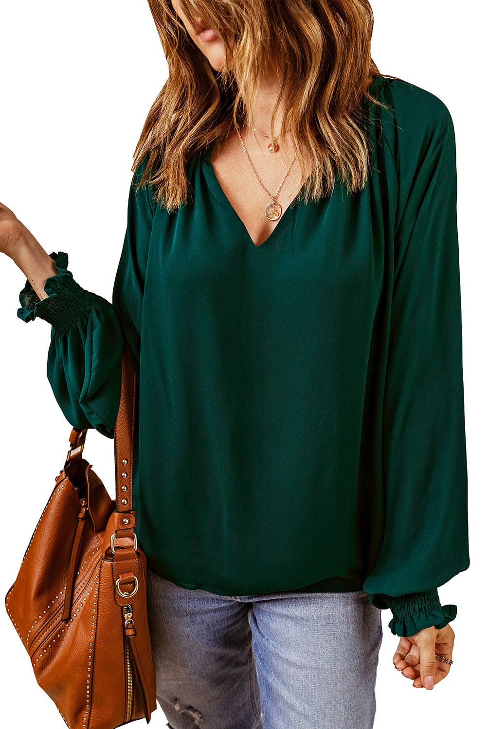 Pleated Puff Sleeve V-Neck Blouse