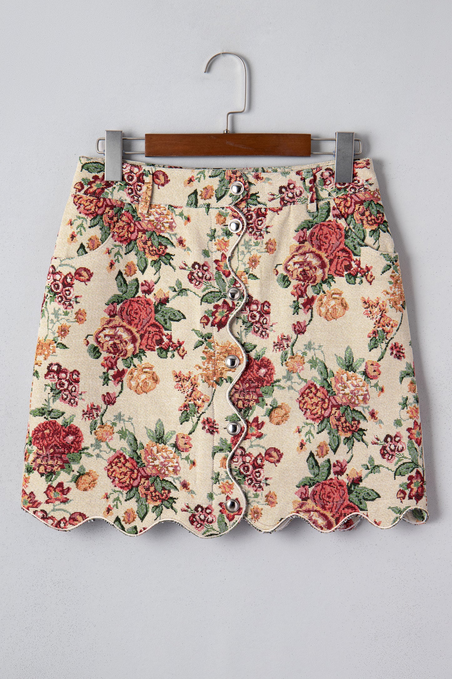 Floral Scallop Hem Button Front Mini Skirt