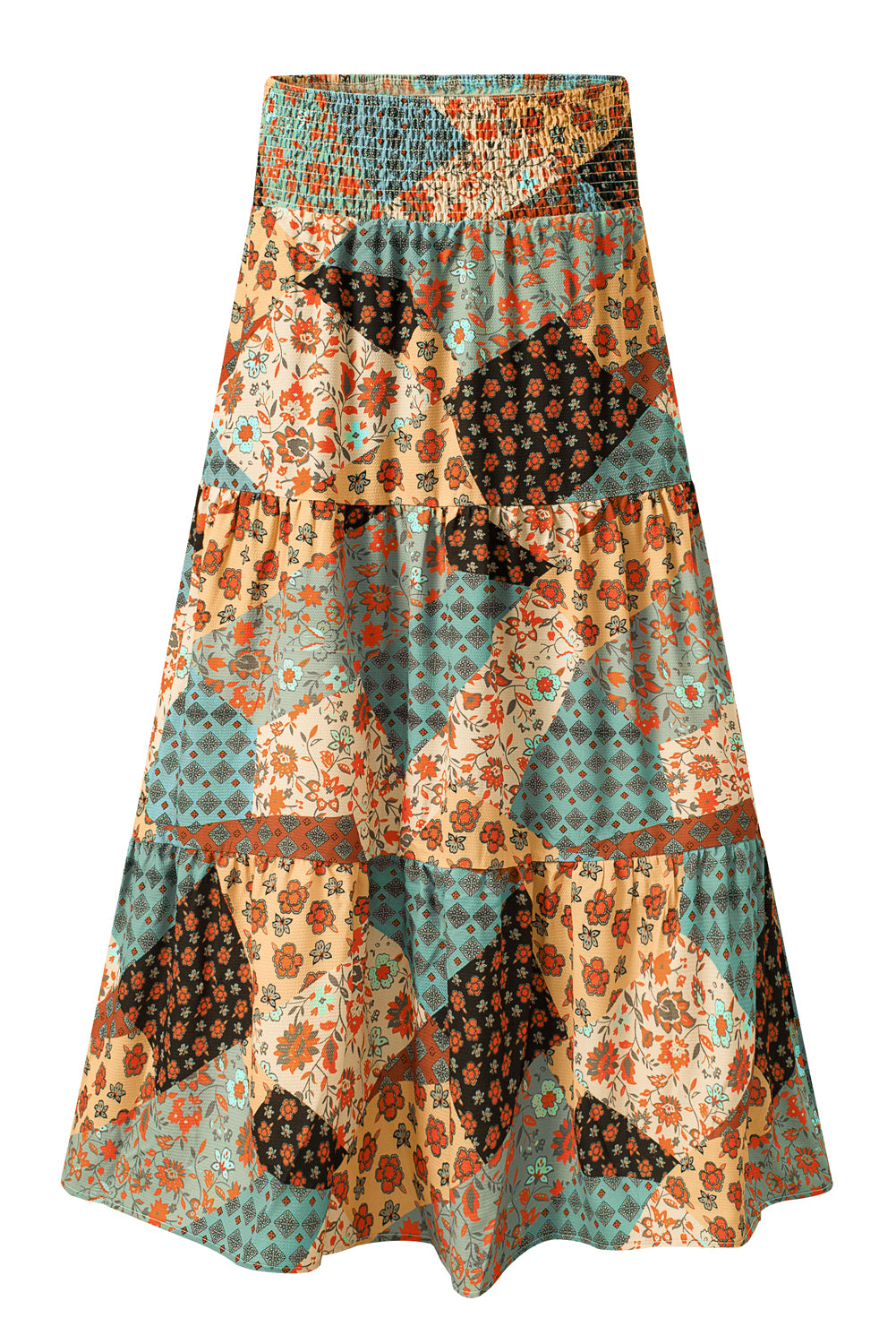 Boho Floral Patchwork Smocked Waist Maxi Skirt
