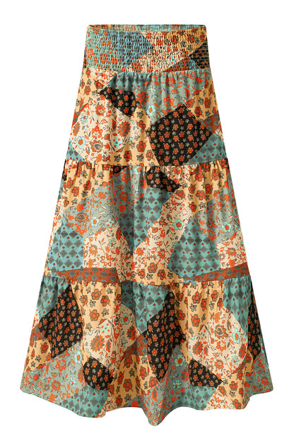 Boho Floral Patchwork Smocked Waist Maxi Skirt