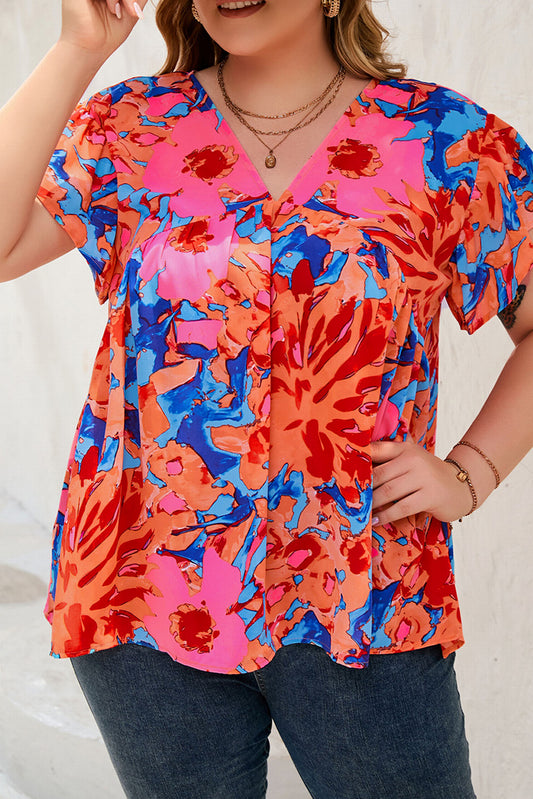 Abstract Floral V-Neck Blouse Plus Size