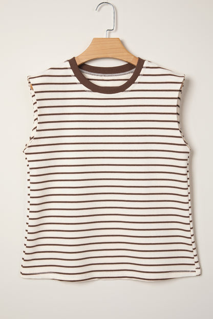 Stripe Ribbed Trim Round Neck Tank Top