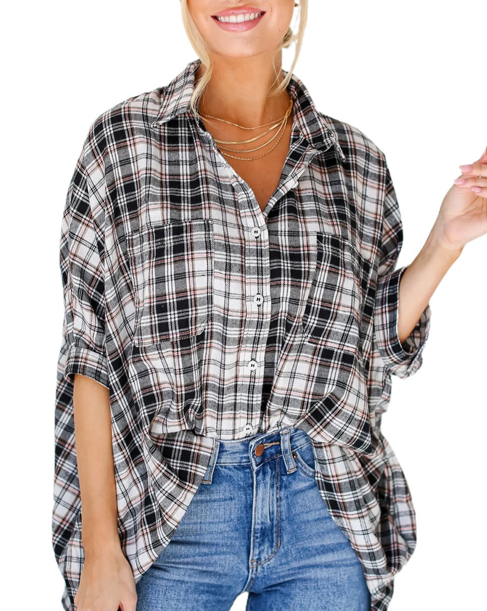 Plaid Chest Pockets Oversized Shirt