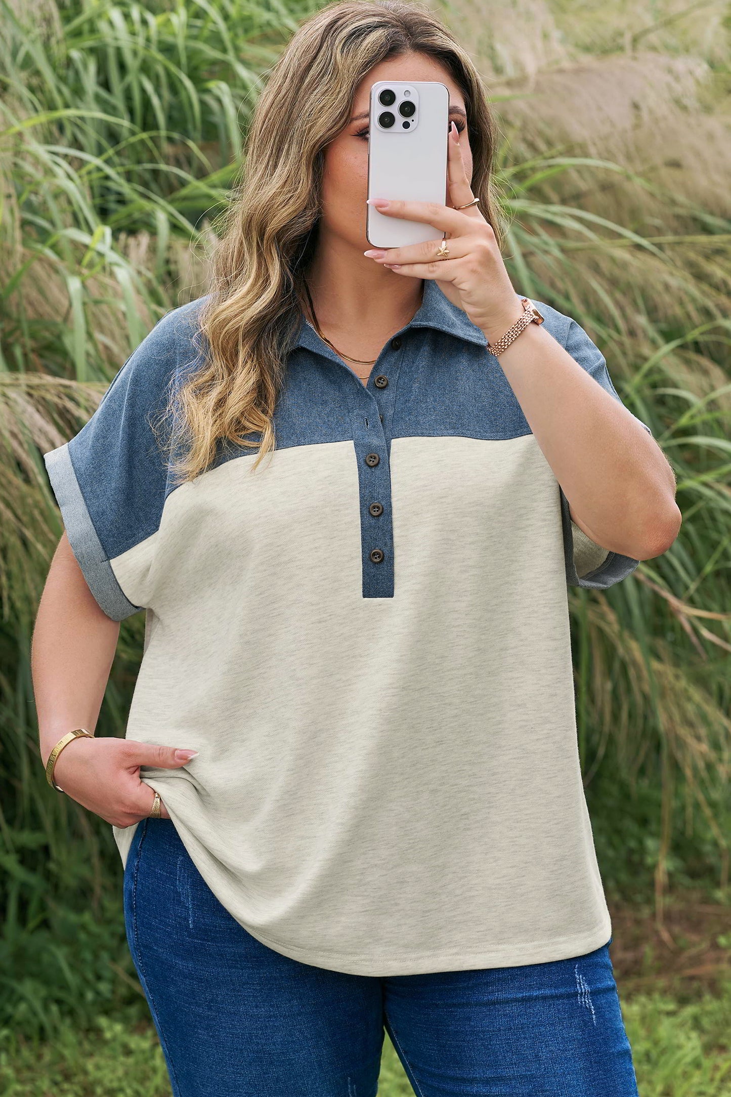 Plus Size Denim Patchwork Half Buttoned Collar Top