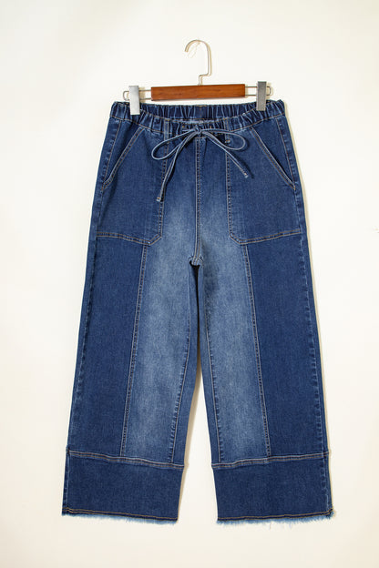 Denim Raw Hem Drawstring Wide Leg Pants