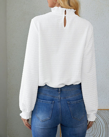 Smocked Mock Neck Bishop Sleeve Blouse