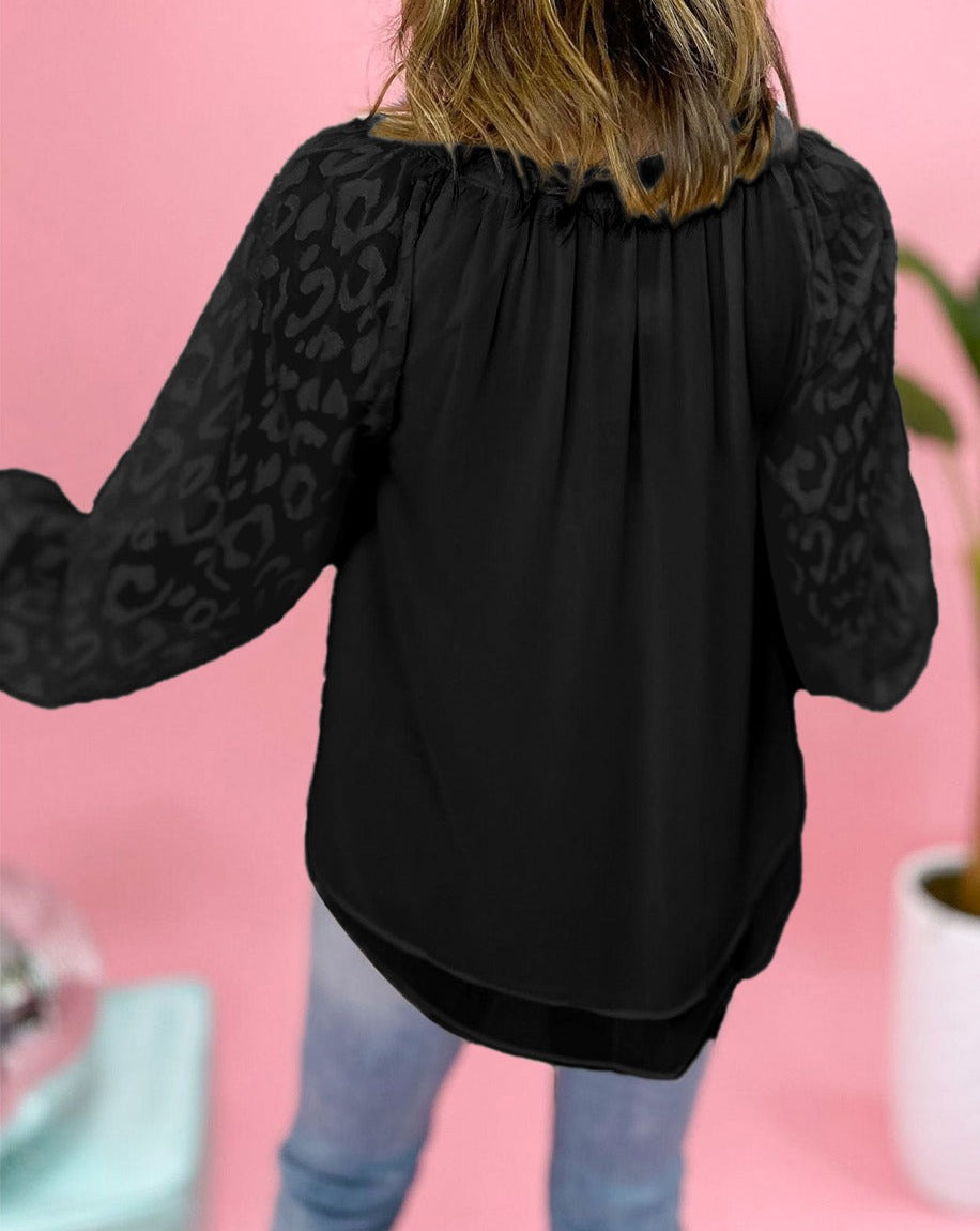 Leopard Mesh Bubble Sleeve Blouse