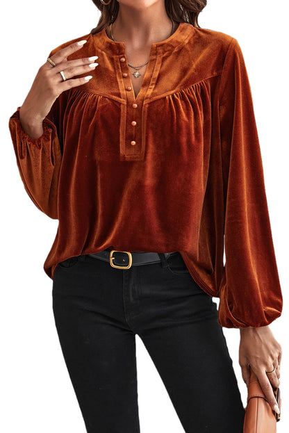 Velvet Lantern Sleeve V-Neck Top