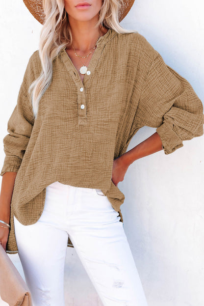 Gauze Long Sleeve Henley Top